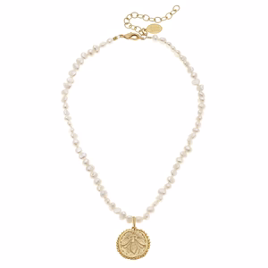 Gold Bee Coin on Pearl Necklace